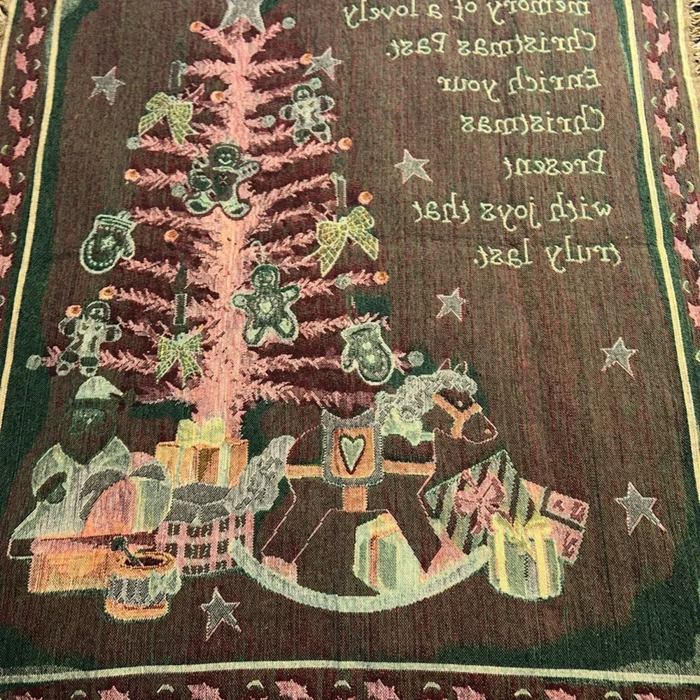 VTG‎ Christmas Tapestry Throw Blanket Fringe Tree Santa Presents Cotton 48x58
